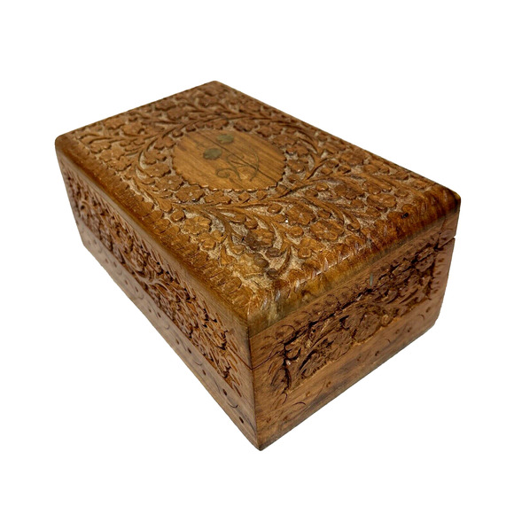 Vintage Carved Wood Nesting Boxes (3) Ornate Hinged Brass Inlay Stacking Jewelry - Picture 4 of 12